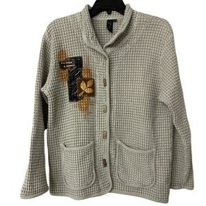 Focus Casual Life Gray Cotton Waffle Knit Embroidered Painted Cardigan Sweater S